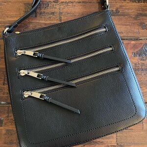 Black Leather Crossbody Bag with Four Zip Pockets